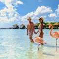 Pareja con flamencos a orillas de la playa en las islas del Caribe