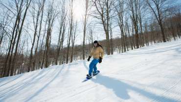 Mujer esquiando en la nieve con varios árboles secos detrás